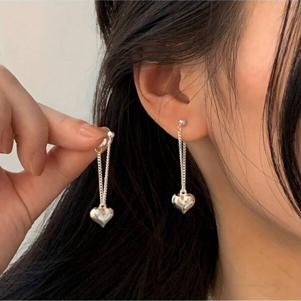Sterling Silver 925 Heart Drop Chain Earrings